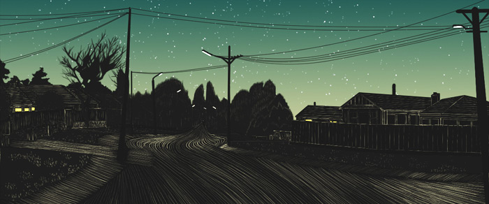 Digital Illustration: A Winter Night in a Suburban Street