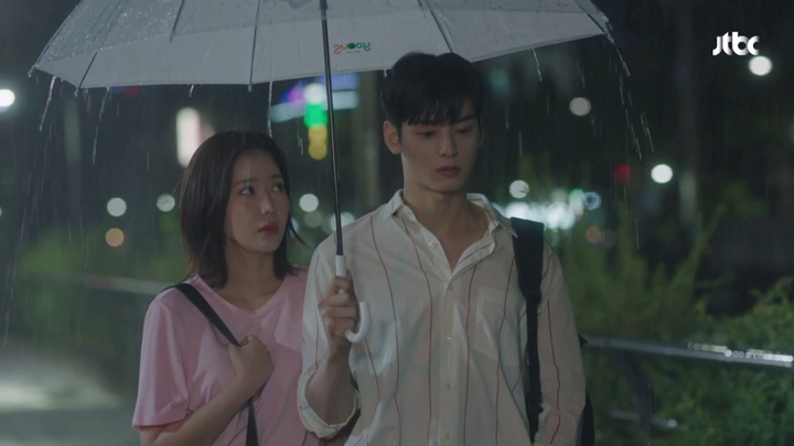 Kang Mi Rae and Do Kyung Seok walking and close together under one umbrella.