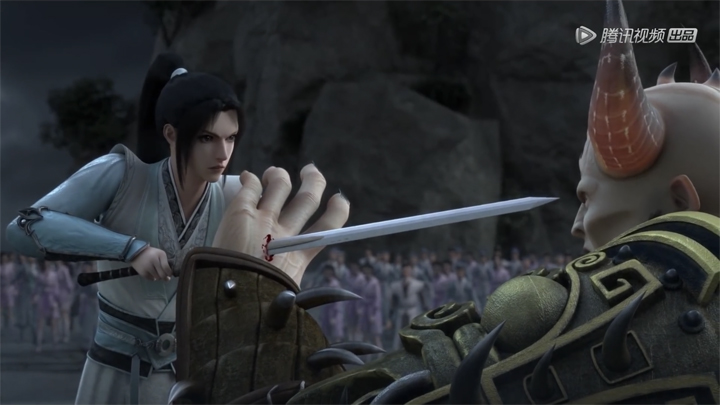 Luo Bing He pierces sword into Tian Chui Zhang Lao's hand